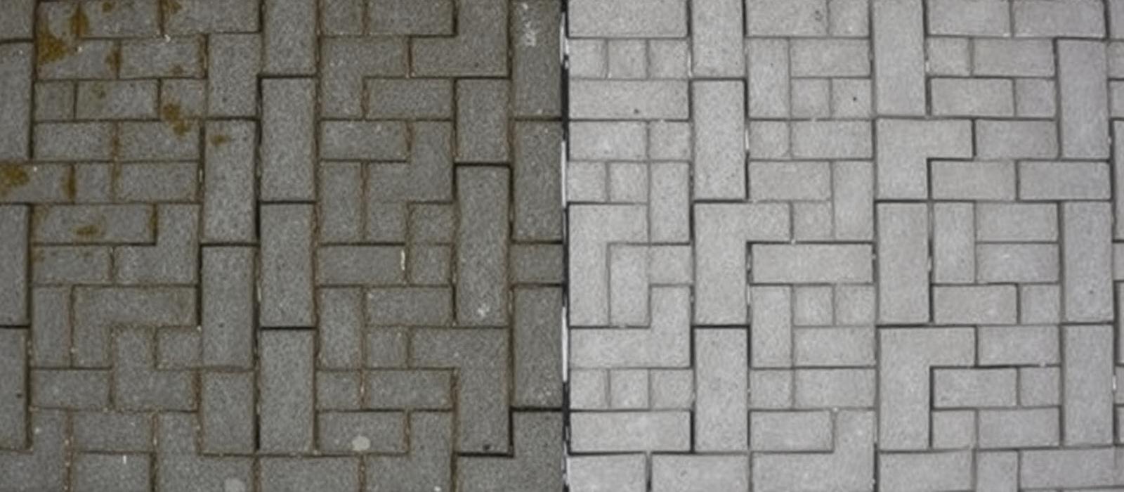 Interlocking paving cleaned halfway — dirty on the left, freshly high-pressure cleaned on the right