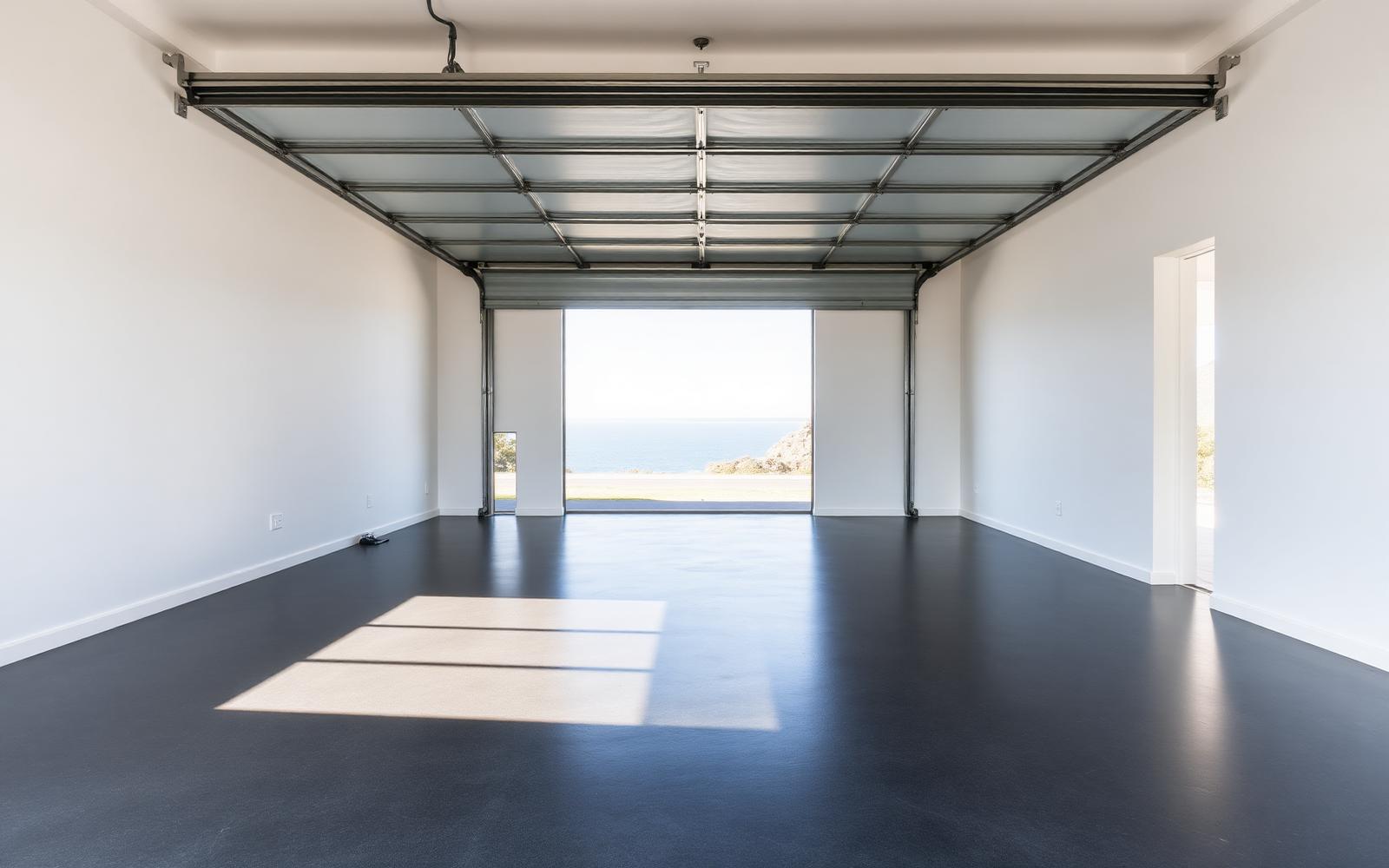 Seamless glossy charcoal epoxy garage floor with daylight from the open door