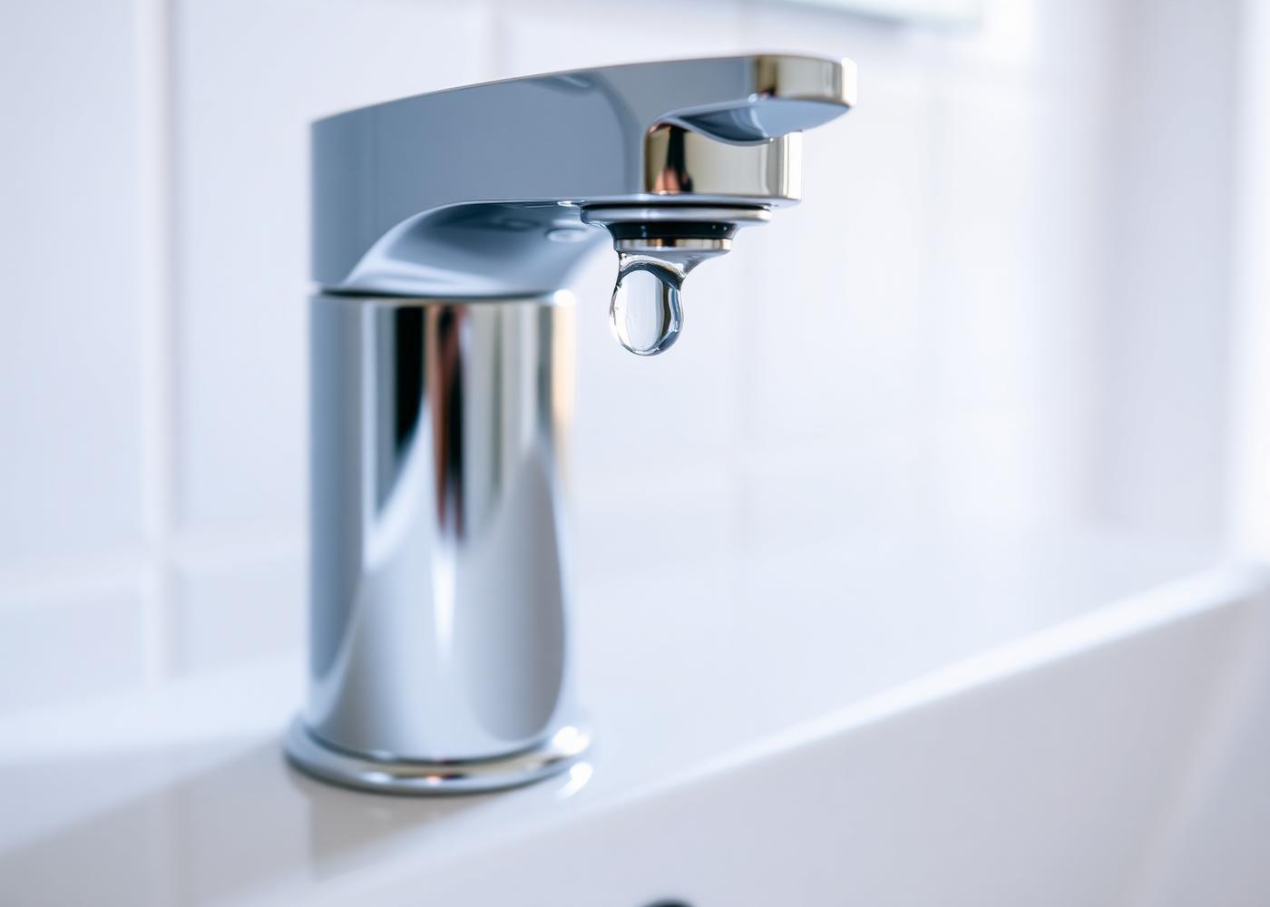 Polished chrome mixer tap over a clean white basin with a single water droplet