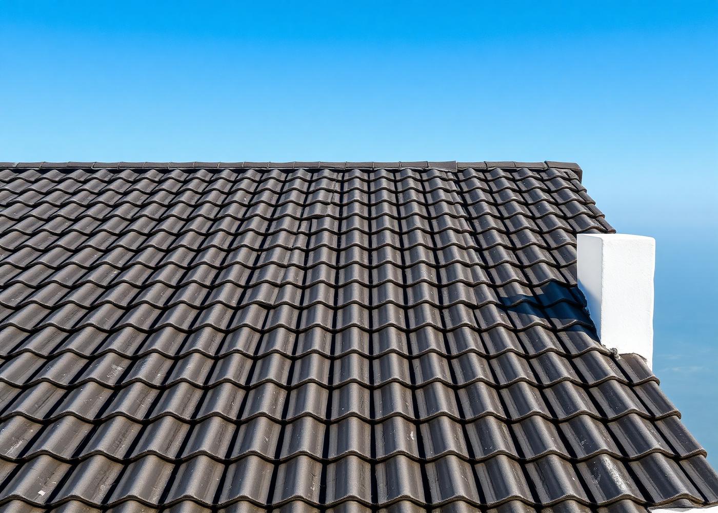 Freshly high-pressure cleaned concrete tile roof against a deep-blue West Coast sky
