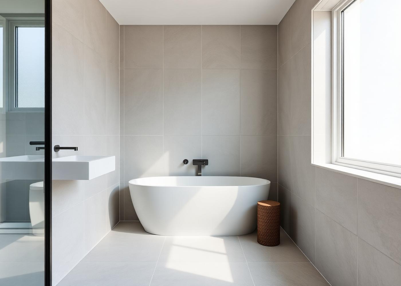 Newly renovated bathroom with large-format light grey porcelain tiles