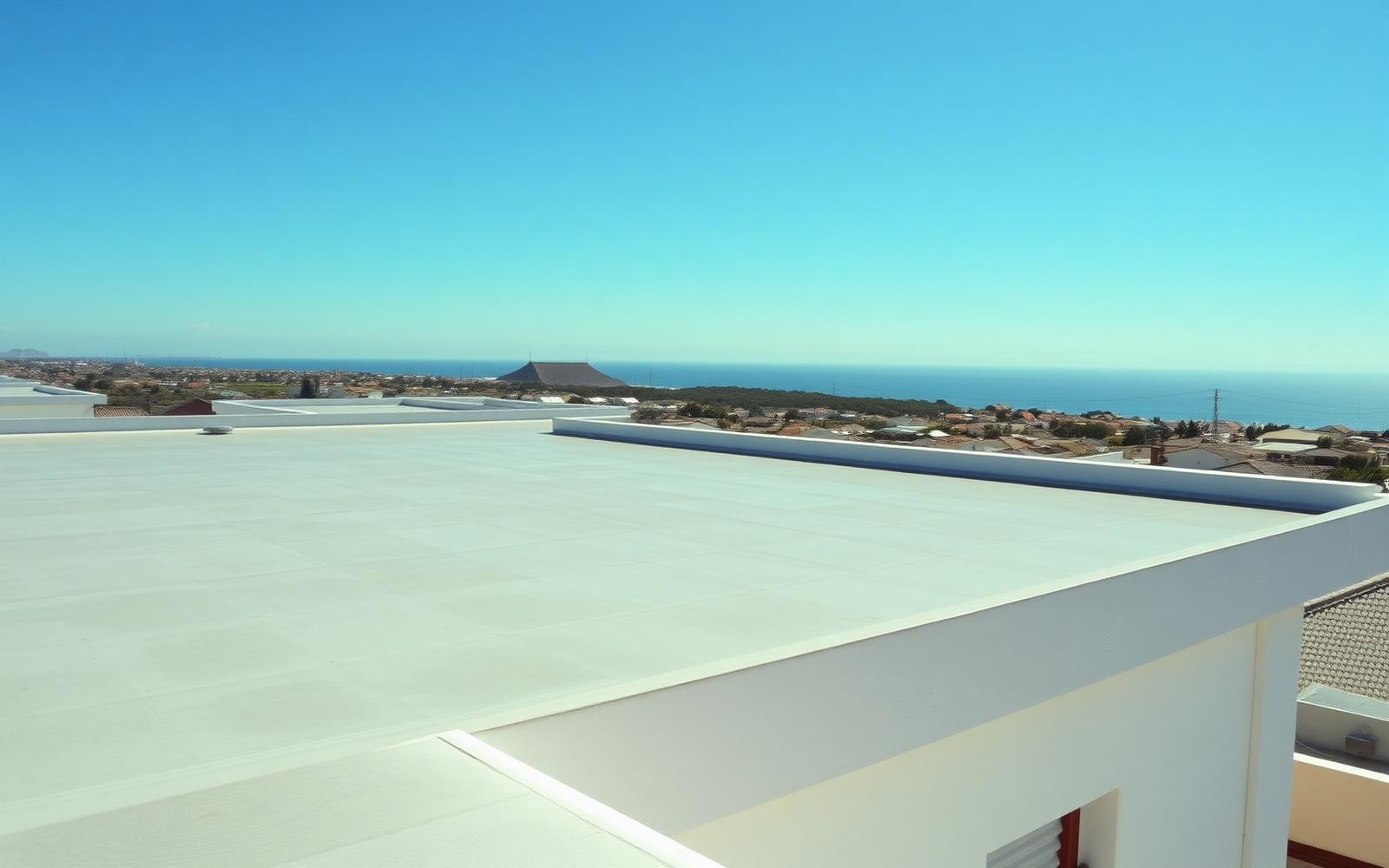 Flat parapet roof with a fresh even grey waterproofing coating over Langebaan rooftops